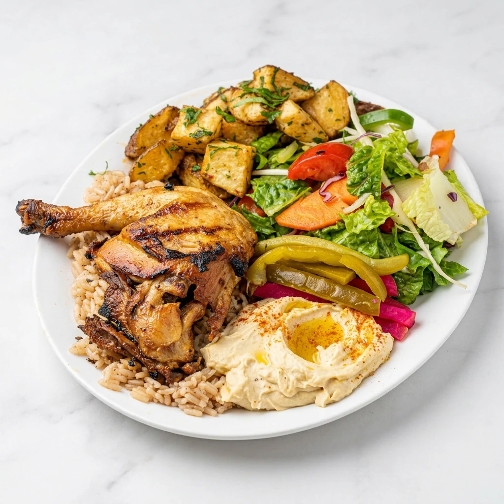 BBQ chicken quarter Ottawa with roasted potatoes, salad and garlic sauce