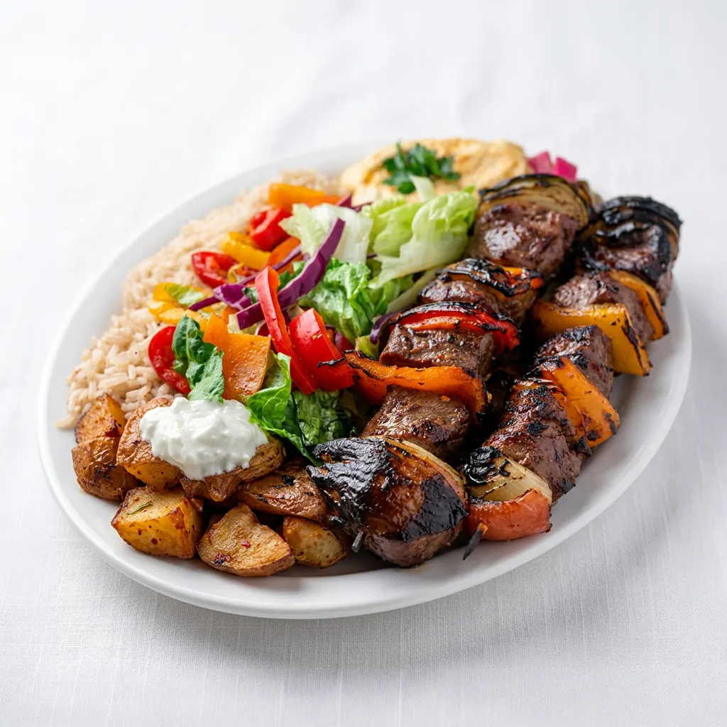 Beef kabab platter Ottawa with rice, salad and grilled vegetables