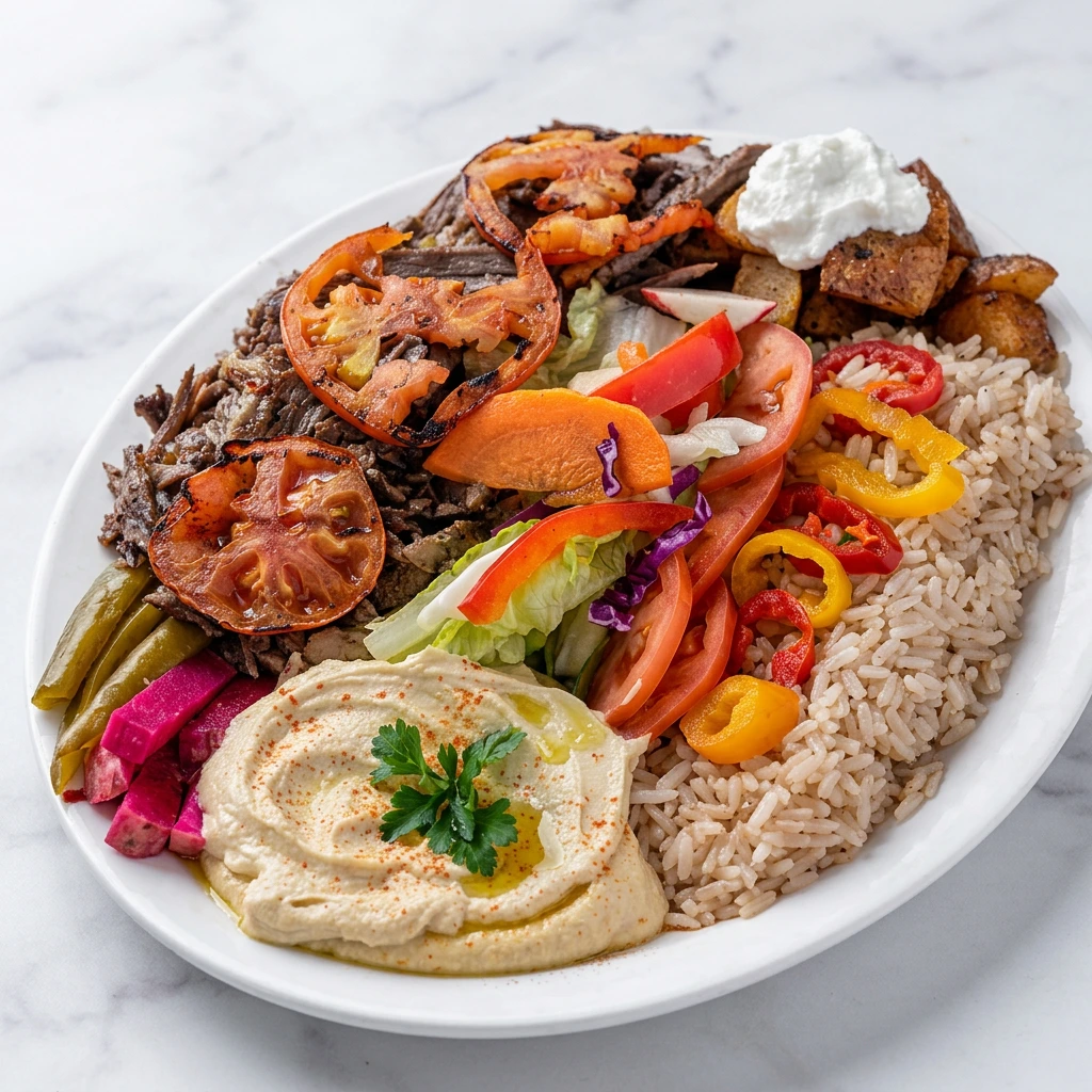 Beef shawarma platter Ottawa with rice, salad, hummus and grilled vegetables