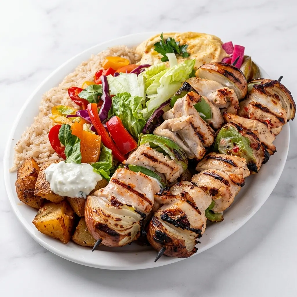 Chicken kabab platter Ottawa with rice, salad and garlic sauce