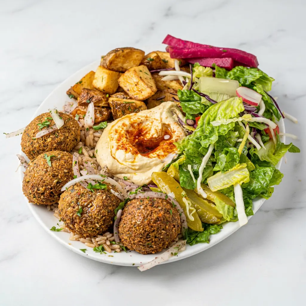 Falafel plate Ottawa with hummus, salad and rice