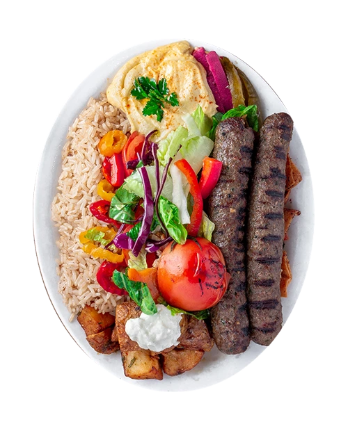 Kafta plate with rice, salad and hummus at Shawarma Palace Ottawa catering