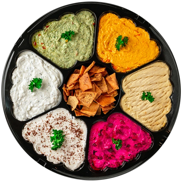 Assorted dip platter with hummus and colourful dips at Shawarma Palace Ottawa catering