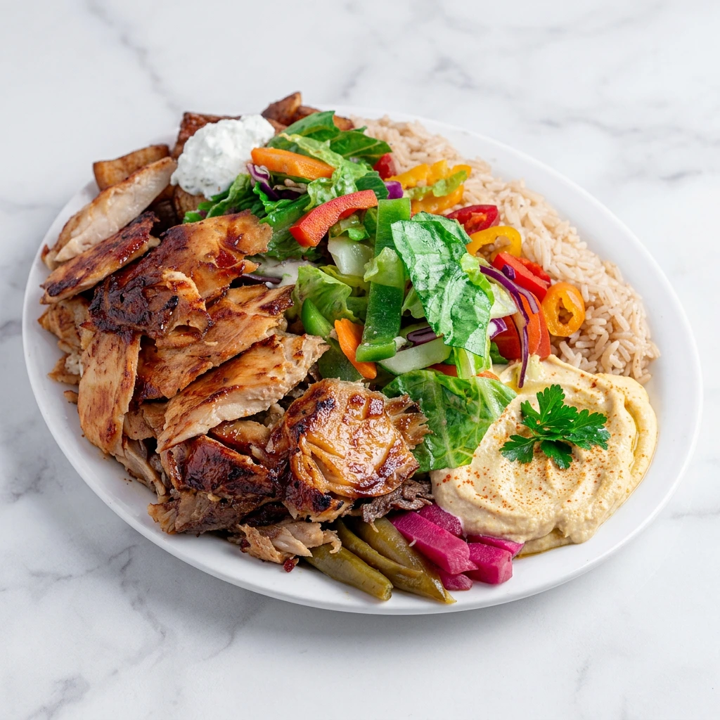 Chicken shawarma platter Ottawa with rice, salad, hummus and fresh herbs