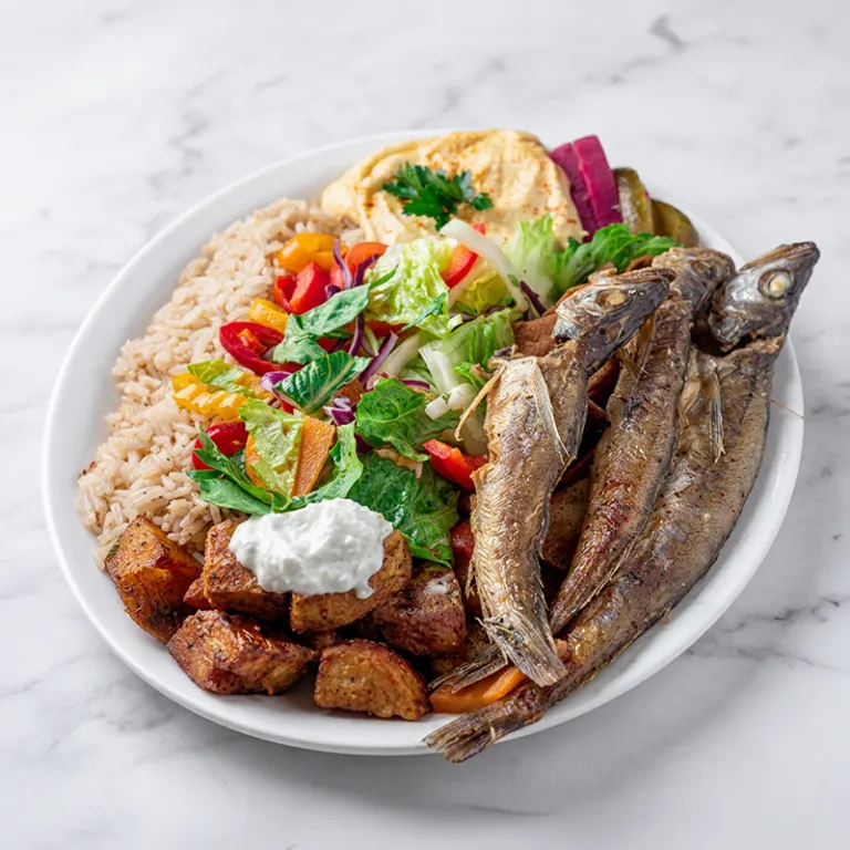 Fried fish plate Ottawa with rice, salad and hummus