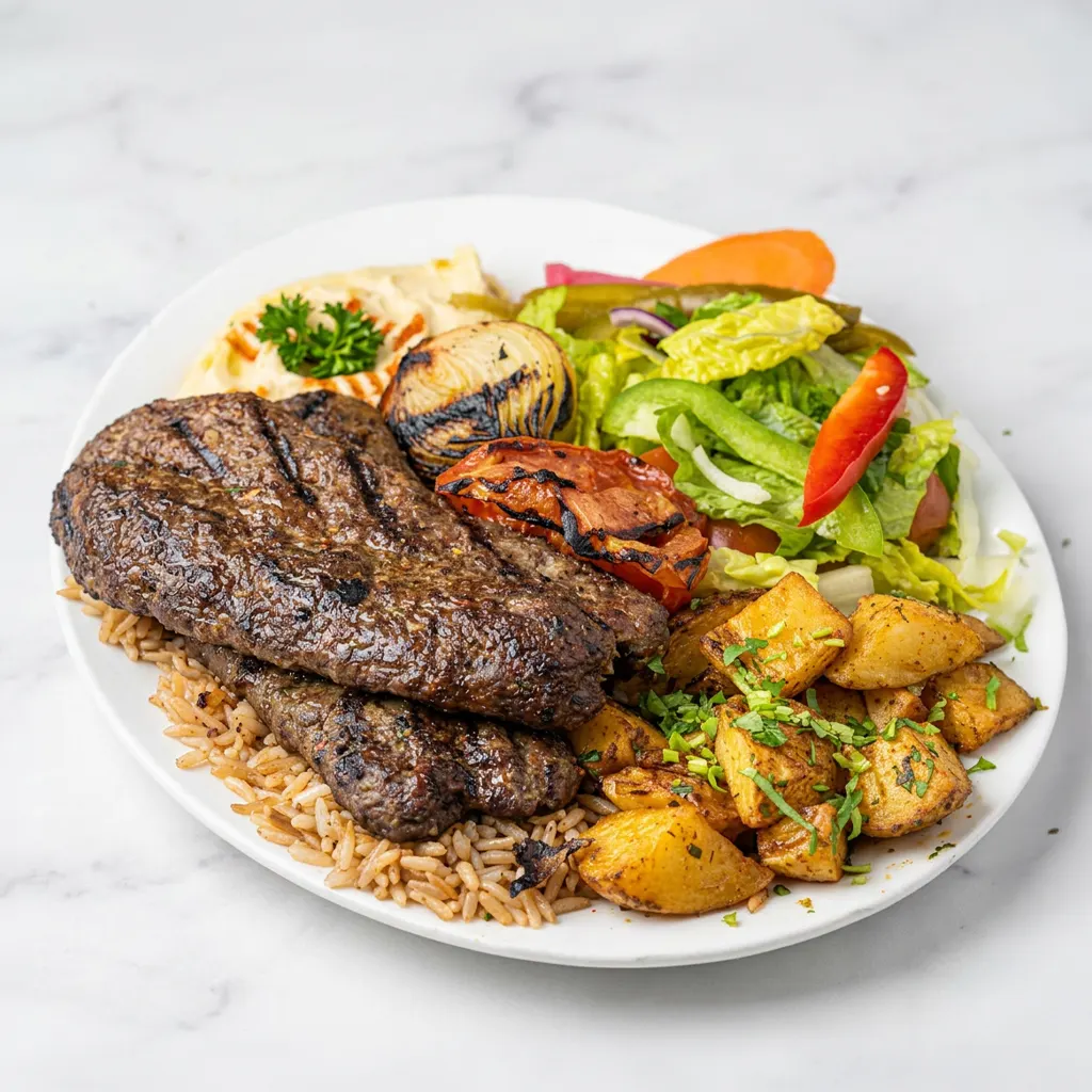 Kafta kabab platter Ottawa with rice, salad and grilled vegetables