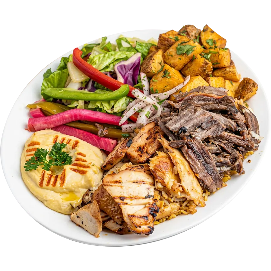 Mixed shawarma platter Ottawa with chicken, beef, rice, salad and garlic sauce