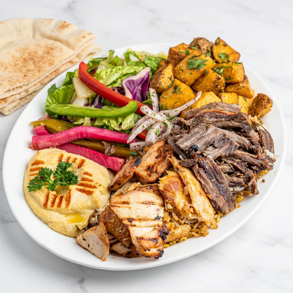 Mixed shawarma platter Ottawa with chicken, beef, rice, salad and garlic sauce