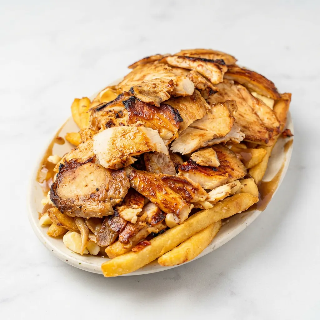 Shawarma poutine Ottawa with crispy fries, chicken shawarma and garlic sauce
