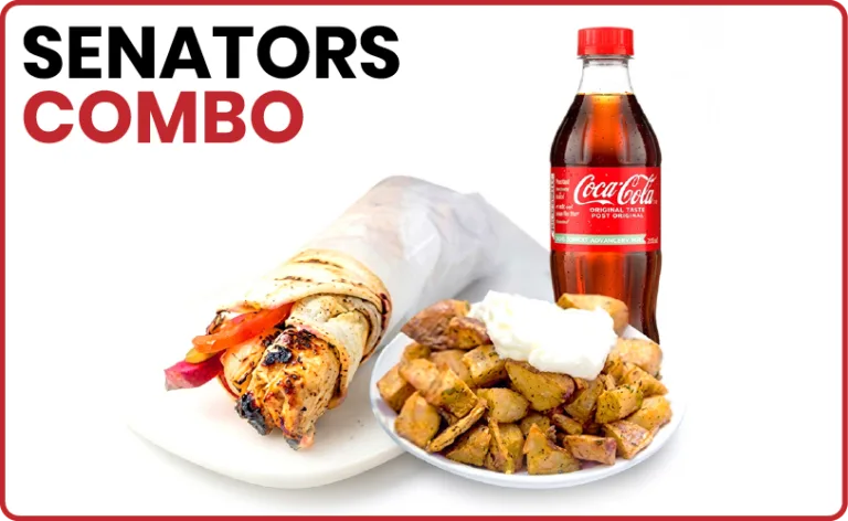 Senators Combo with a shawarma wrap, fries, garlic sauce and a bottle of Coca-Cola from Shawarma Palace