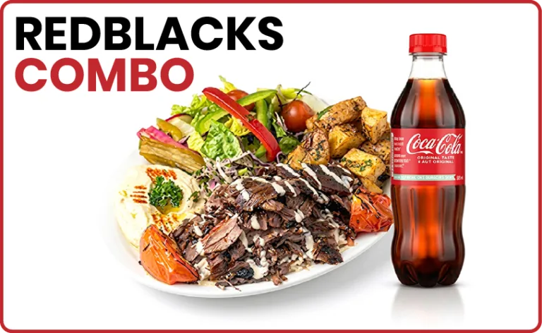 Redblacks Combo with a shawarma platter and a bottle of Coca-Cola from Shawarma Palace