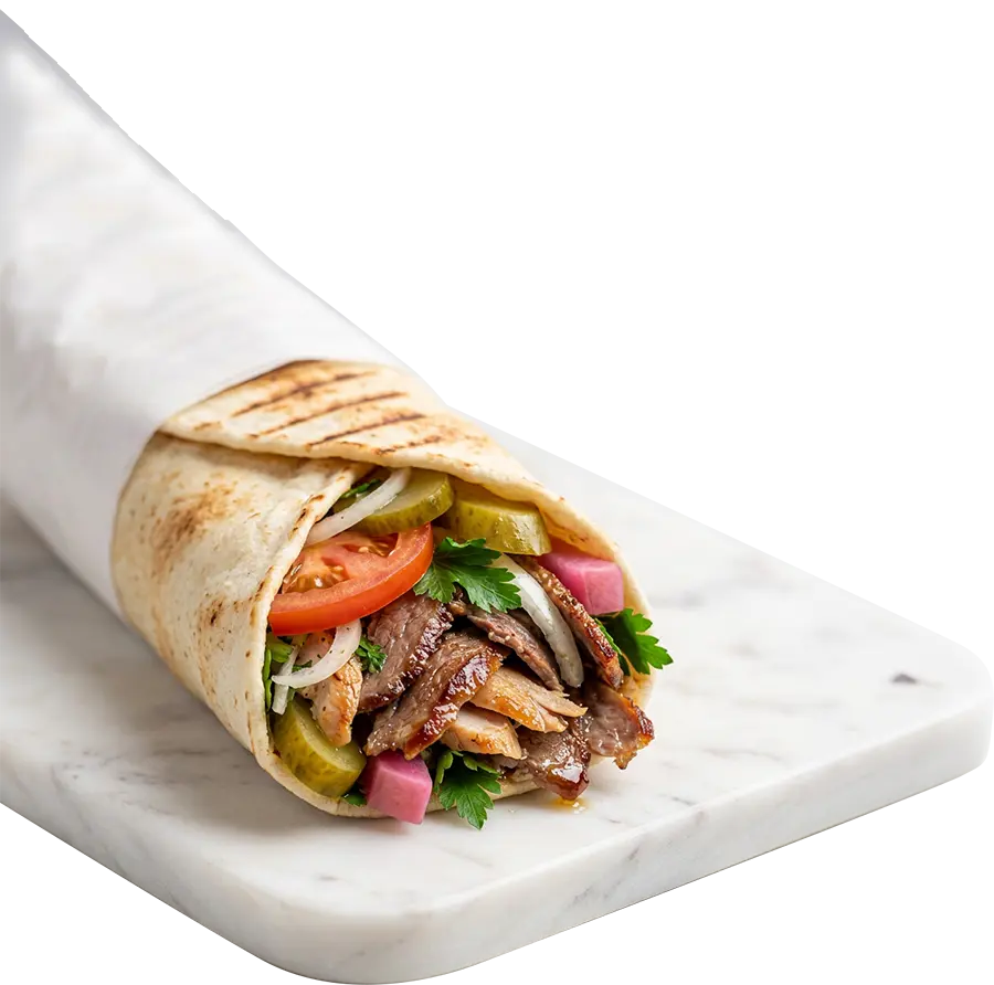 Mixed shawarma sandwich with chicken and beef shawarma, lettuce, tomatoes and pickled turnips wrapped in toasted pita from Shawarma Palace