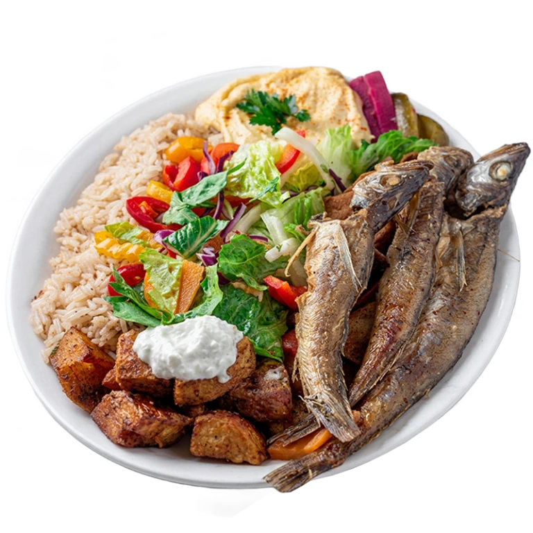 Fish Plate: golden fried fish served with rice, potatoes, salad and our signature garlic sauce.