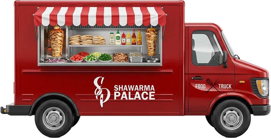 Illustration of a red Shawarma Palace food truck with the Shawarma Palace logo on the side
