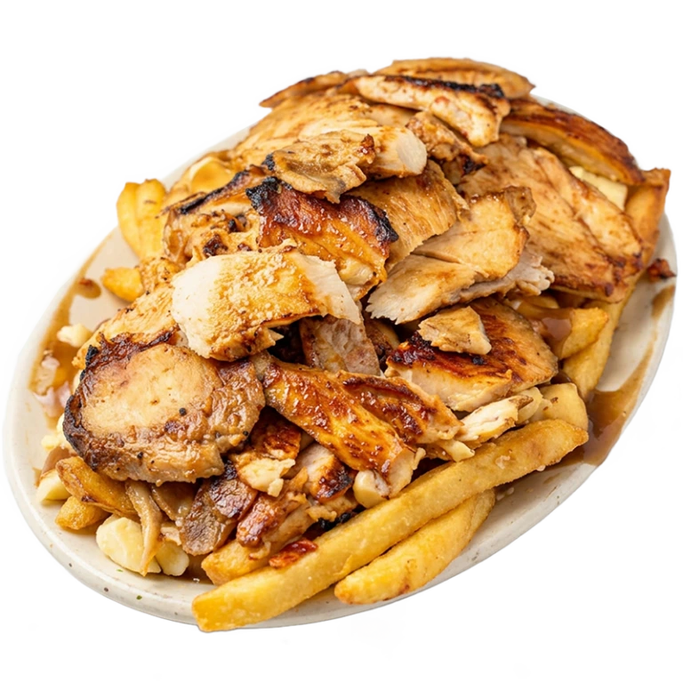 Chicken shawarma poutine with sliced shawarma chicken piled over crispy fries and garlic sauce from Shawarma Palace